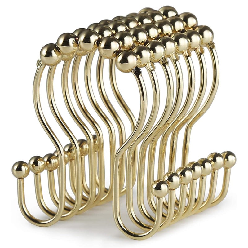 Goowin Shower Curtain Hooks, 12 Pcs Shower Curtain Rings, Stainless Steel Gold Shower Curtain Hooks Rings Rust Proof, Smooth Sliding Anti-Drop Double Shower Hooks for Shower Curtain, Rods (Gold) - Image 1
